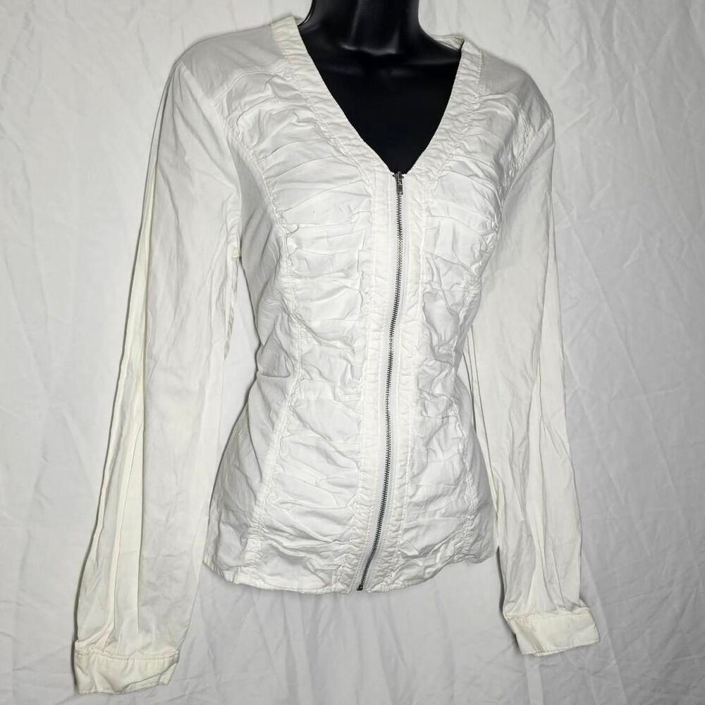 vintage y2k 90s white zip up front ruched long sleeve